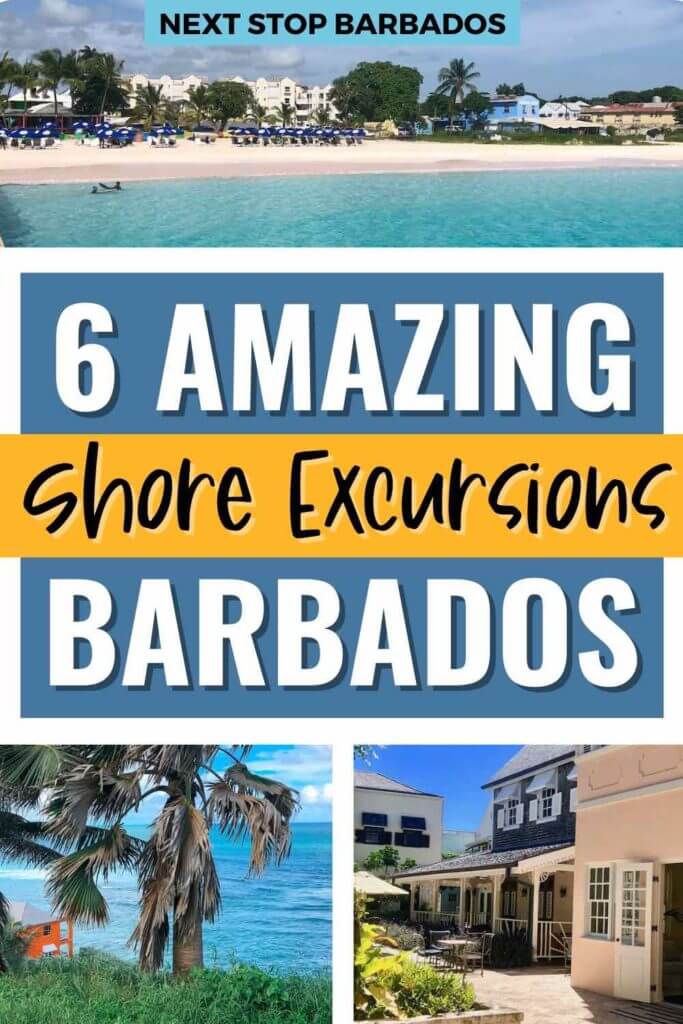 Grid of 3 images, a beach, a palm tree over the ocean, and cute pink and blue buildings. The text reads 6 amazing shore excursions Barbados