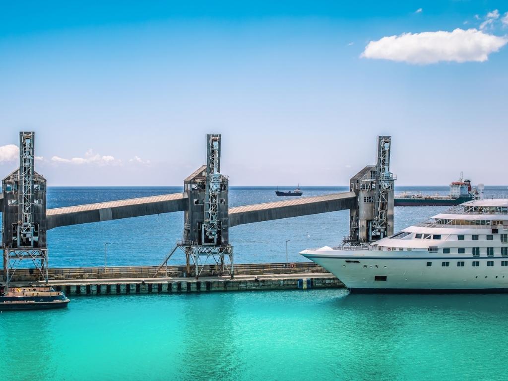 A cruise ship docked at the Barbados Cruise Port