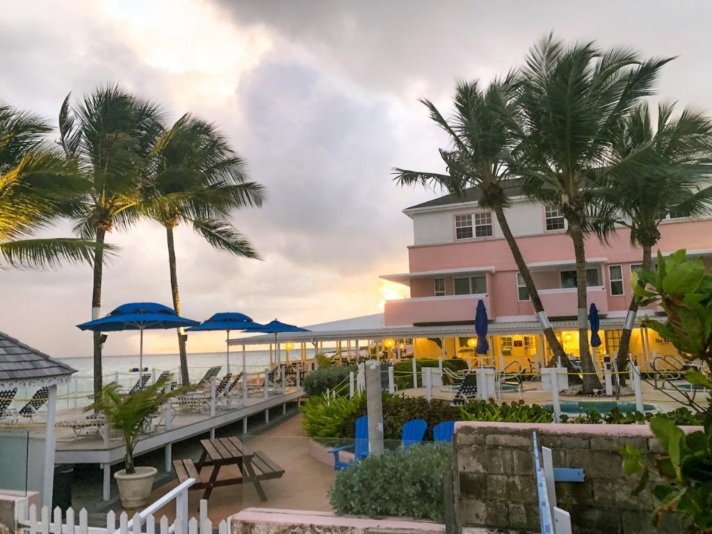 The pool area outside the pink Butterfly Beach Hotel, one of the best hotels in Oistins Barbados