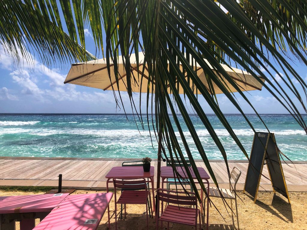 Pink table with an umbrella and palm tree with a sea view at Baby Doll Barbados Restaurant